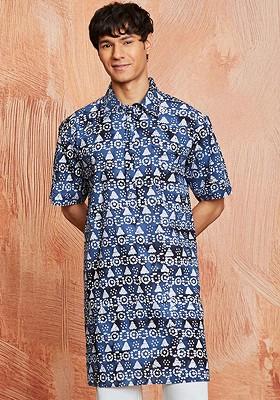 Blue Floral Print Poly Blend Kurta For Men