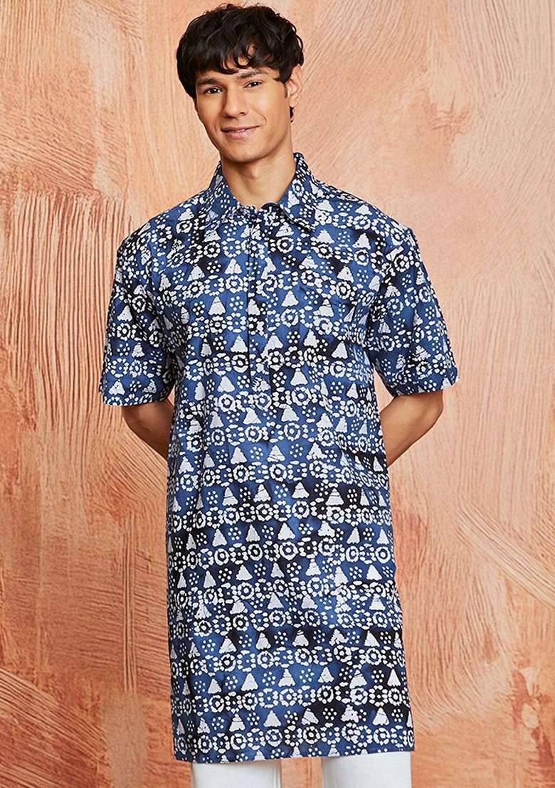 Blue Floral Print Poly Blend Kurta For Men - Indya