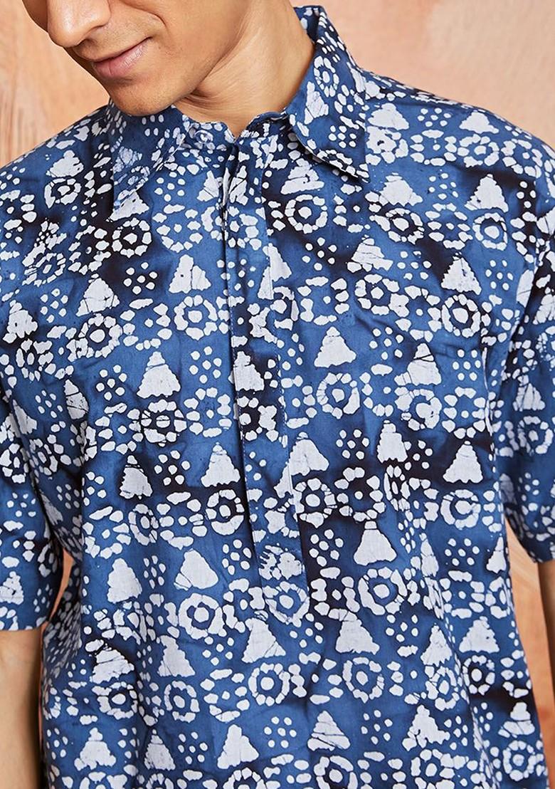 Blue Floral Print Poly Blend Kurta For Men