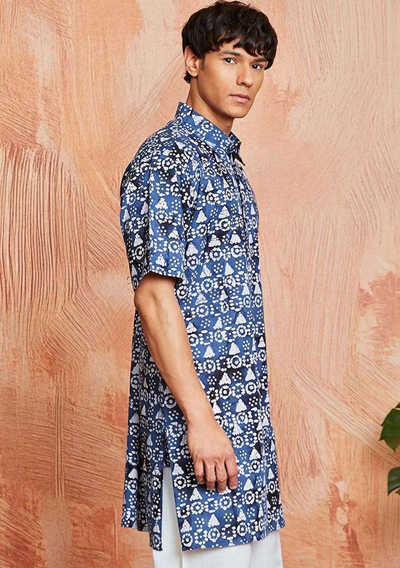Blue Floral Print Poly Blend Kurta For Men - Indya