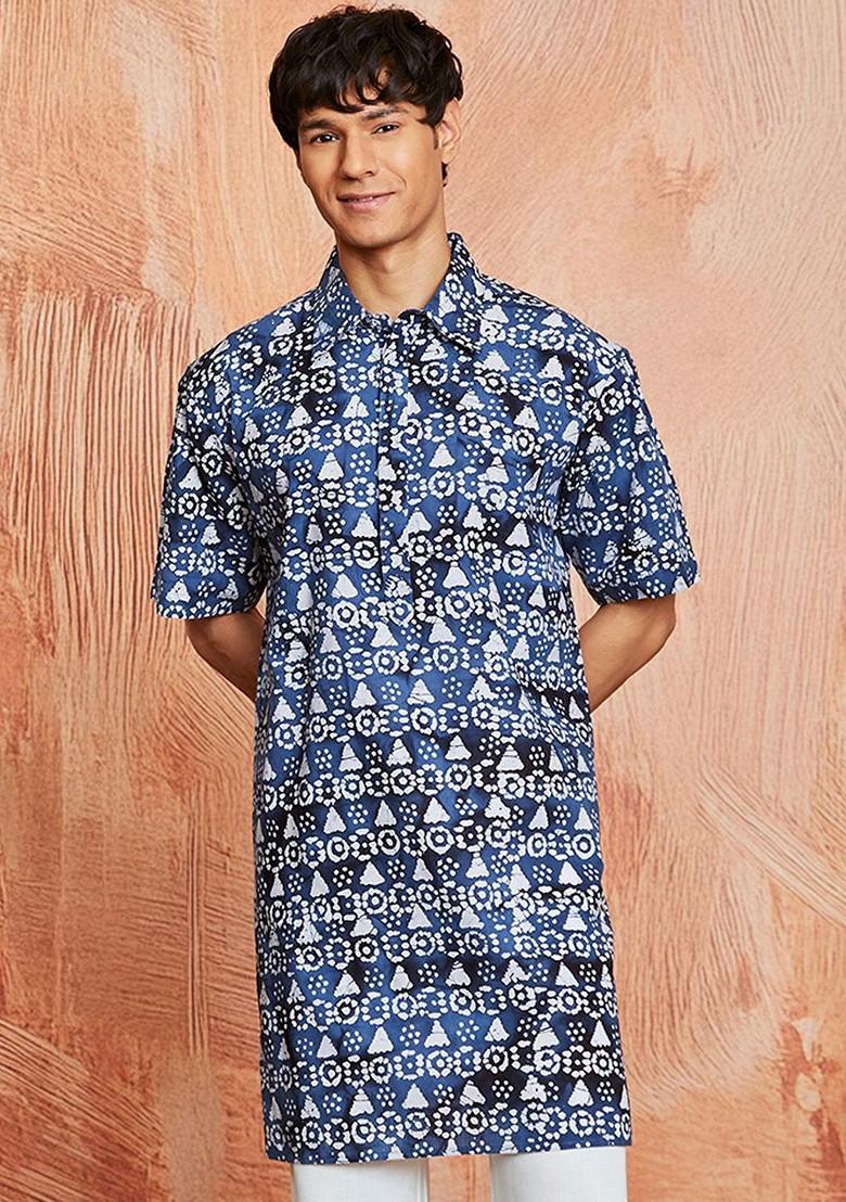 Blue Floral Print Poly Blend Kurta For Men