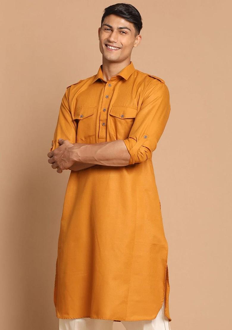 Mustard Solid Cotton Kurta For Men
