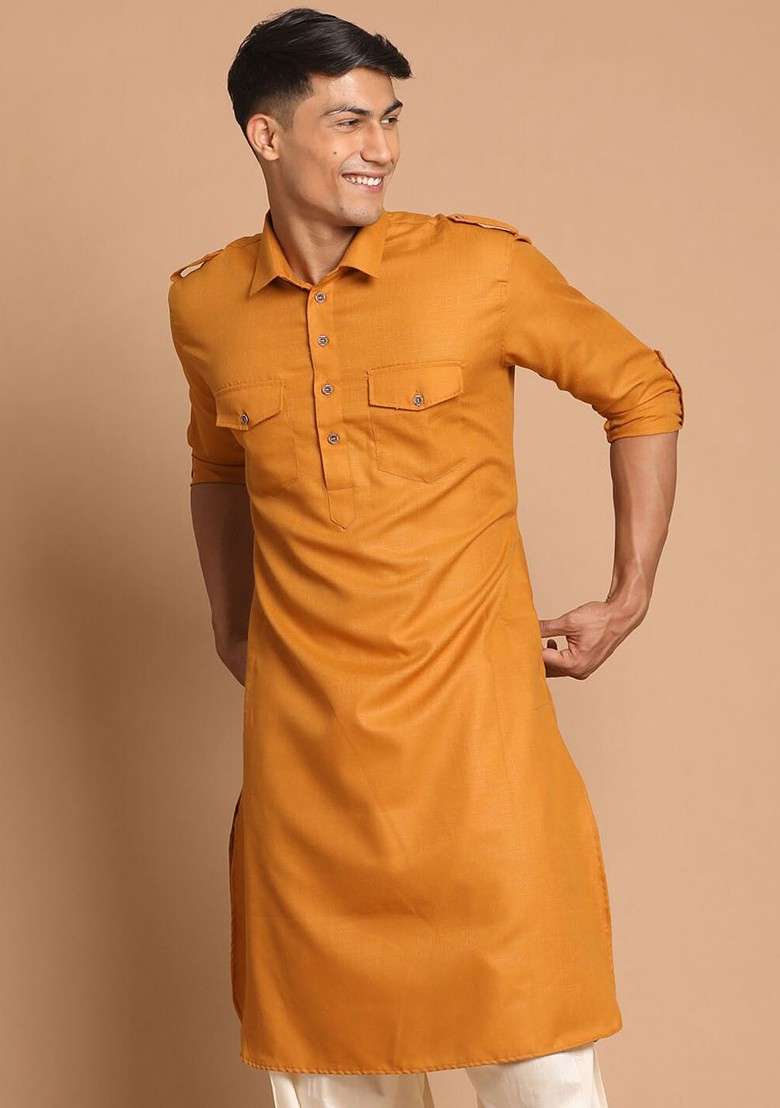 Mustard Solid Cotton Kurta For Men - Indya