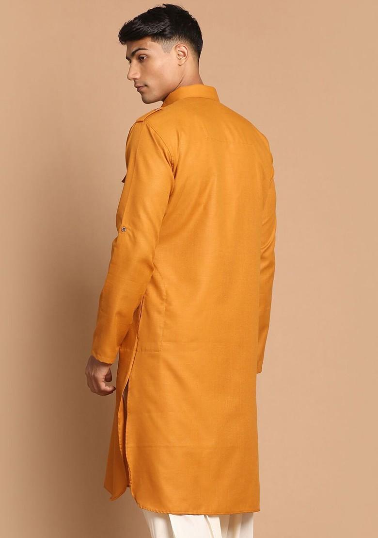 Mustard Solid Cotton Kurta For Men