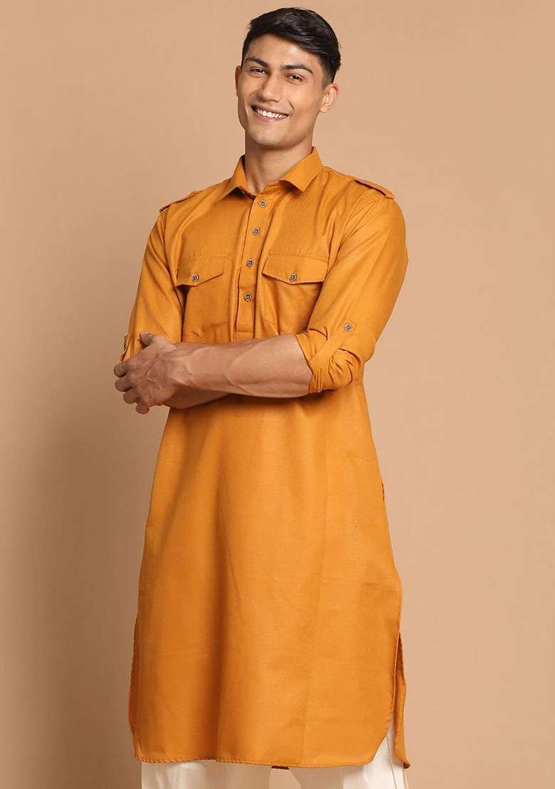 Mustard Solid Cotton Kurta For Men - Indya