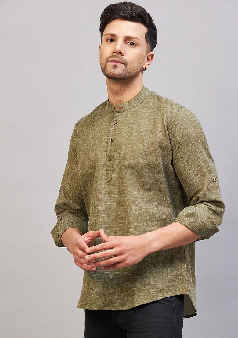 Green Solid Cotton Kurta For Men