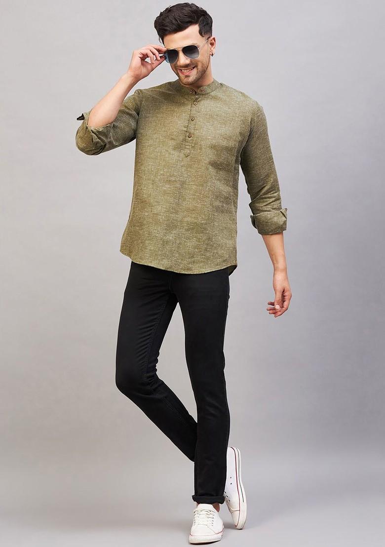 Green Solid Cotton Kurta For Men