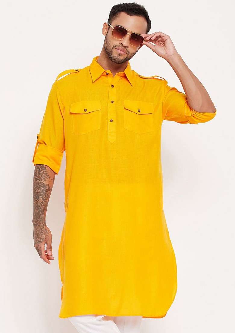 Mustard Solid Cotton Kurta For Men - Indya