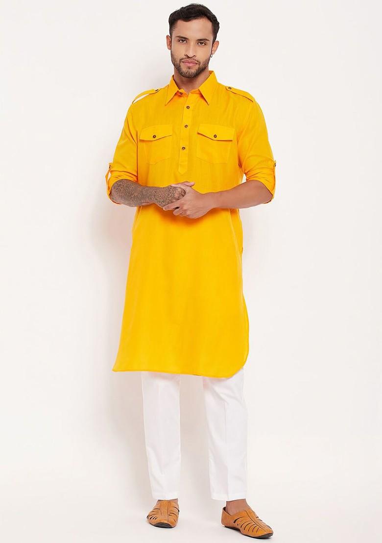 Mustard Solid Cotton Kurta For Men