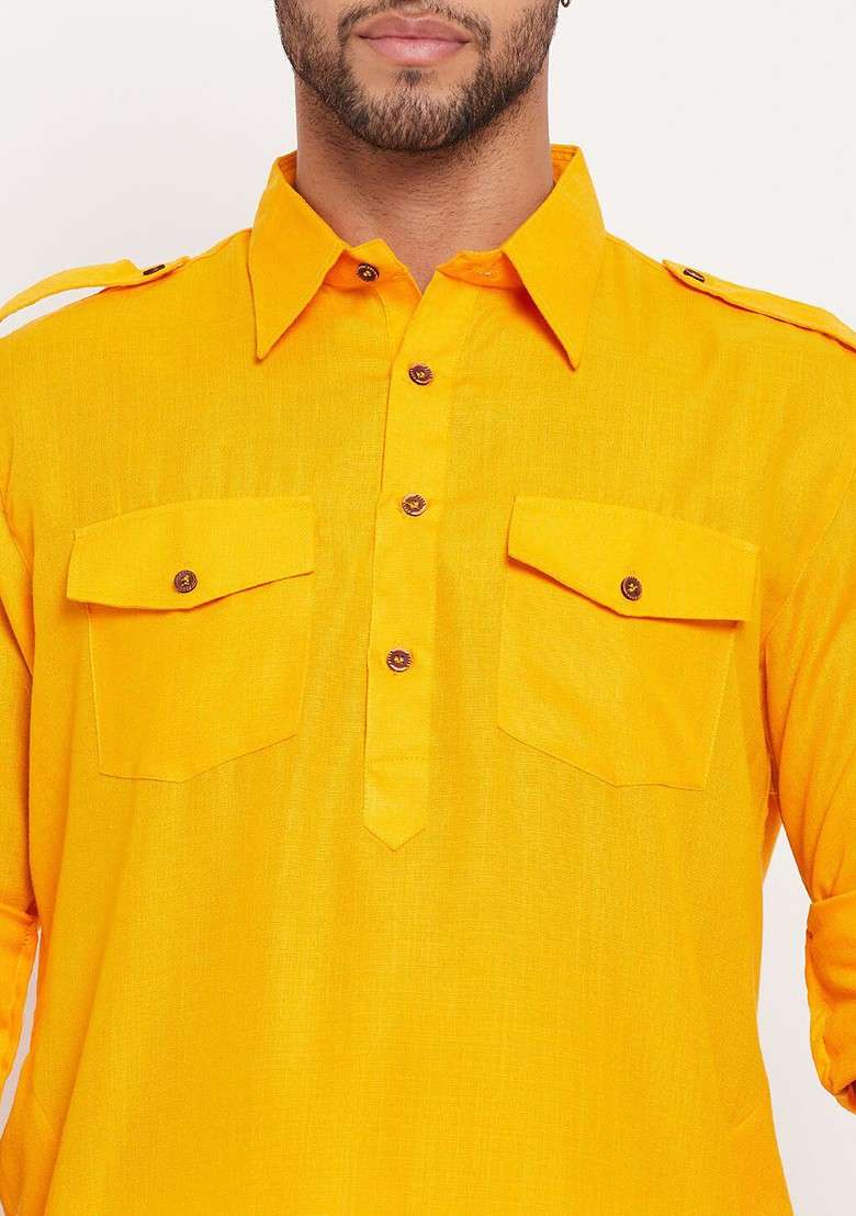 Mustard Solid Cotton Kurta For Men - Indya