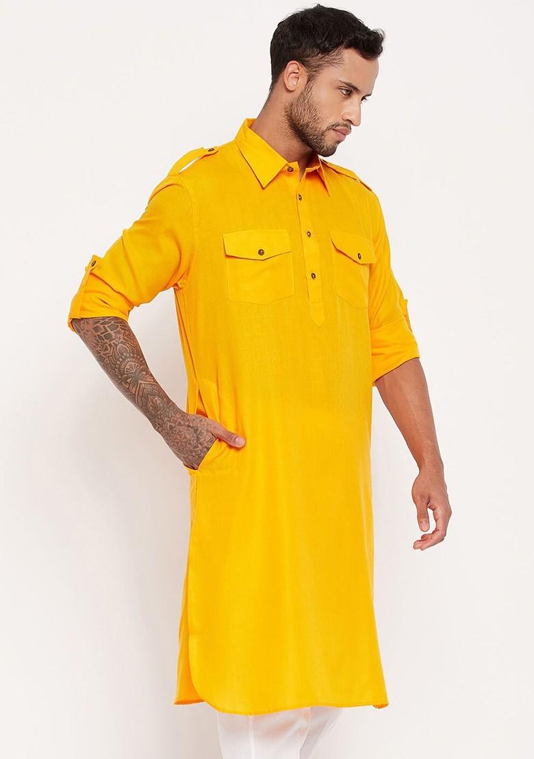 Mustard Solid Cotton Kurta For Men