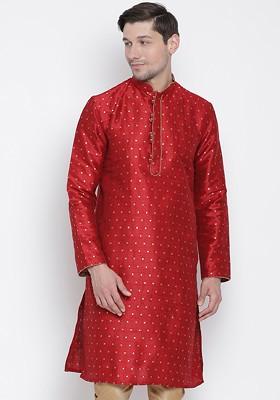 Maroon Solid Poly Blend Kurta For Men