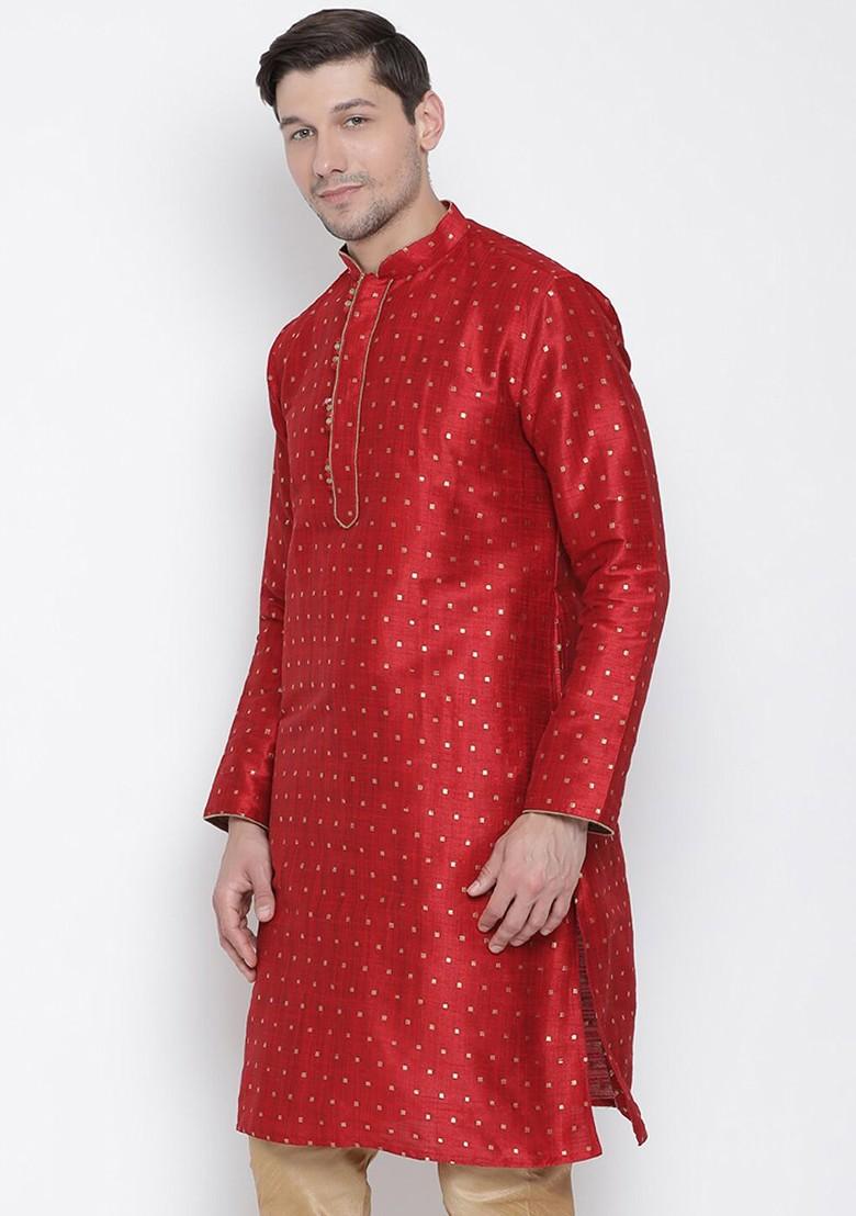 Maroon Solid Poly Blend Kurta For Men