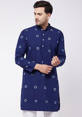 Blue Geometric Print Poly Blend Kurta For Men
