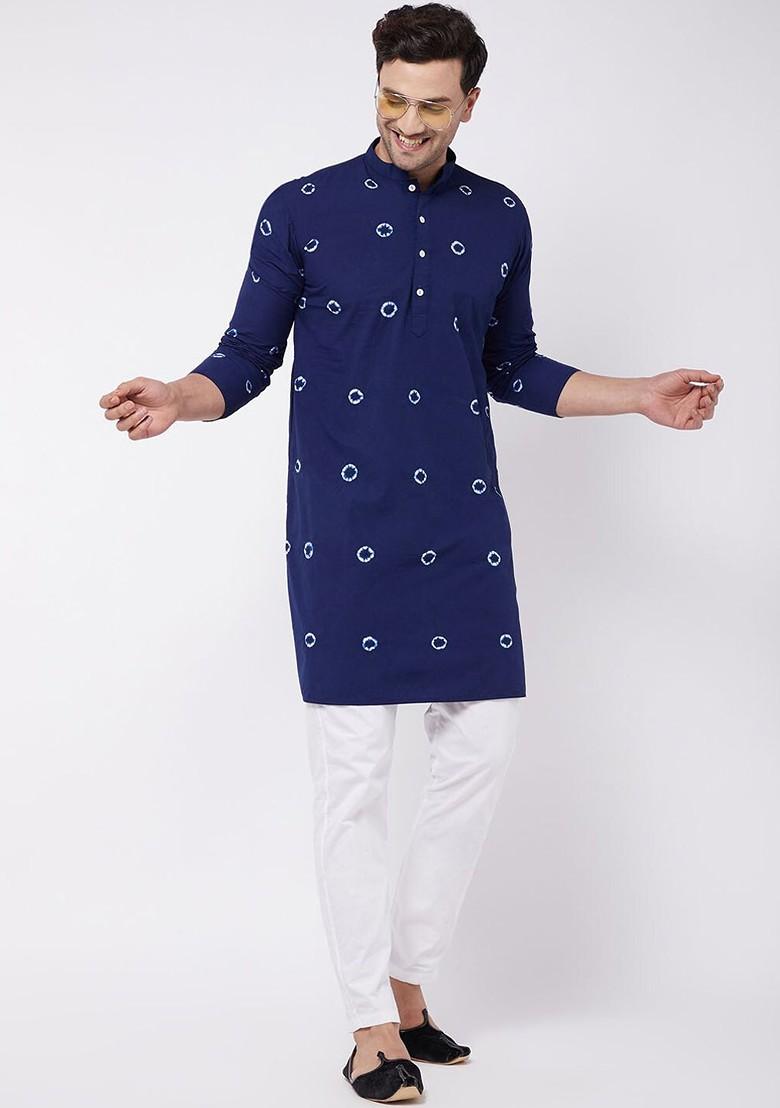 Blue Geometric Print Poly Blend Kurta For Men