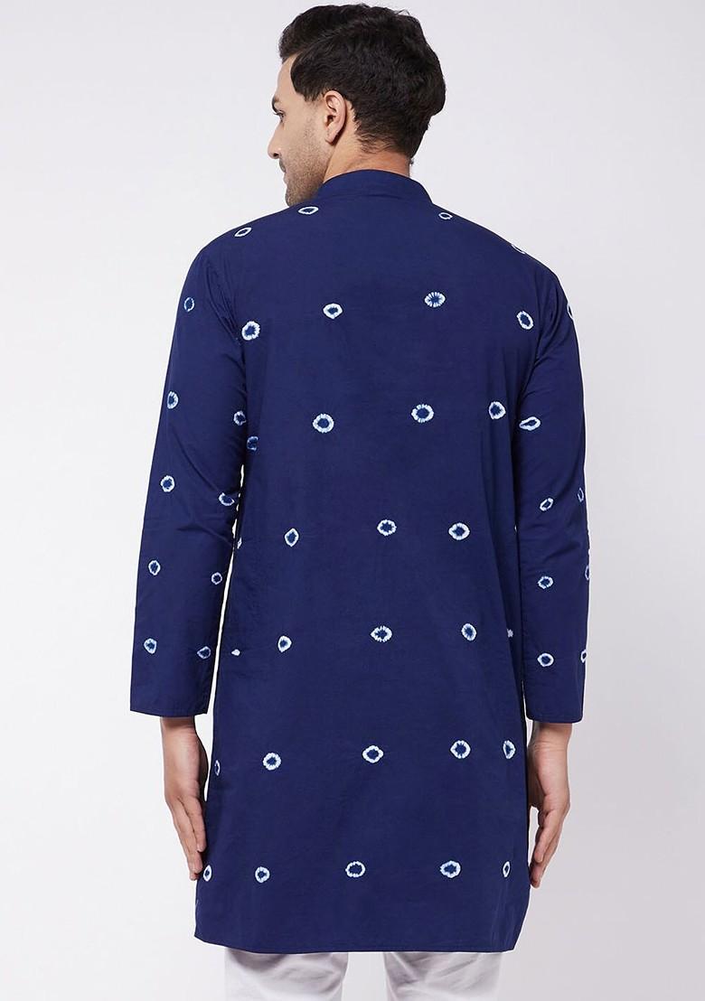 Blue Geometric Print Poly Blend Kurta For Men