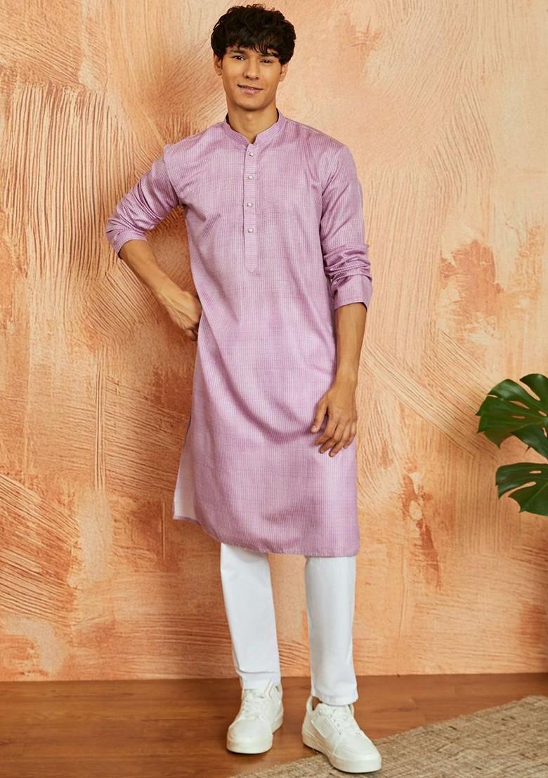 Pink Striped Cotton Kurta For Men