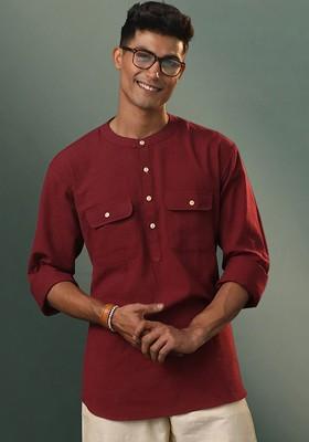 Maroon Solid Cotton Kurta For Men