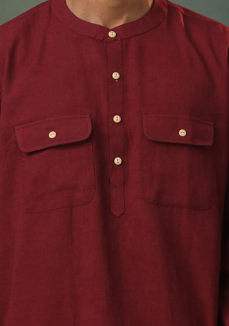 Maroon Solid Cotton Kurta For Men