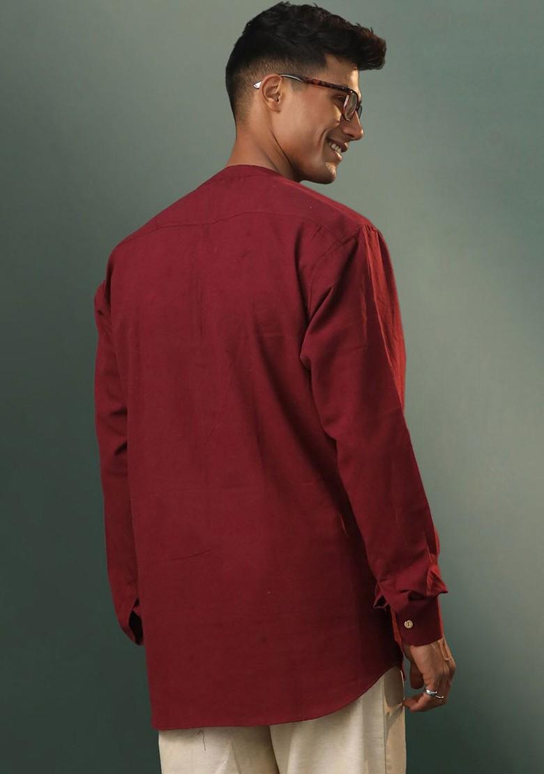 Maroon Solid Cotton Kurta For Men