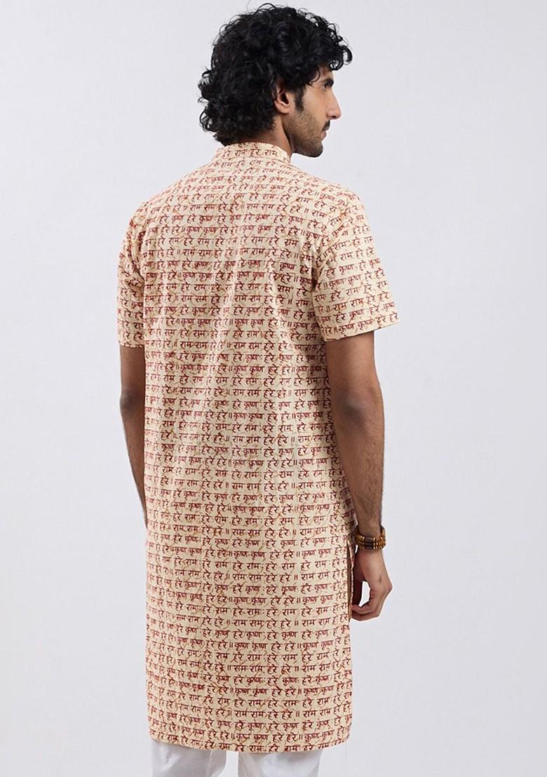 Cream Printed Cotton Kurta For Men