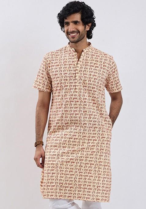 Cream Printed Cotton Kurta For Men
