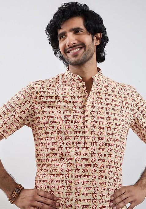 Cream Printed Cotton Kurta For Men