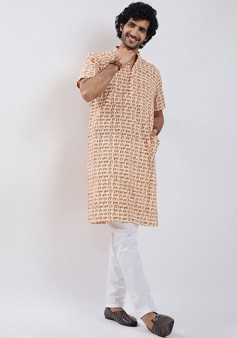 Cream Printed Cotton Kurta For Men
