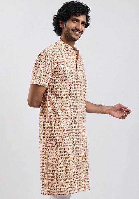 Cream Printed Cotton Kurta For Men
