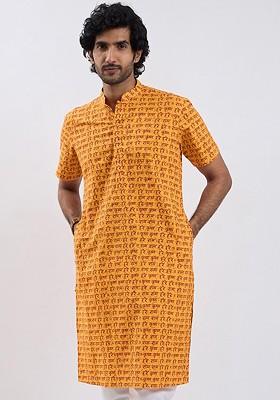 Mustard Printed Cotton Kurta For Men