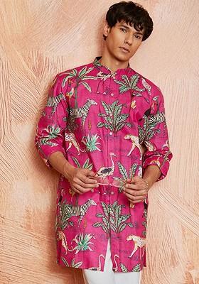 Pink Floral Print Cotton Kurta For Men