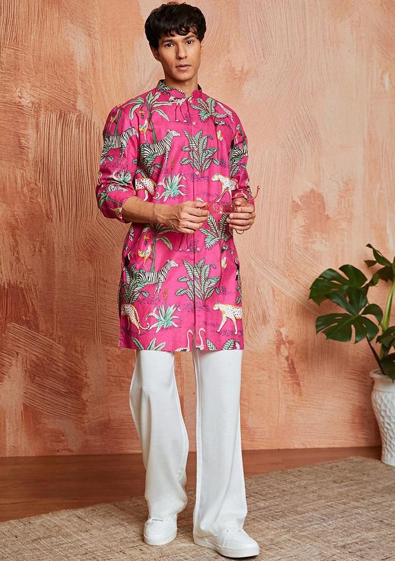 Pink Floral Print Cotton Kurta For Men