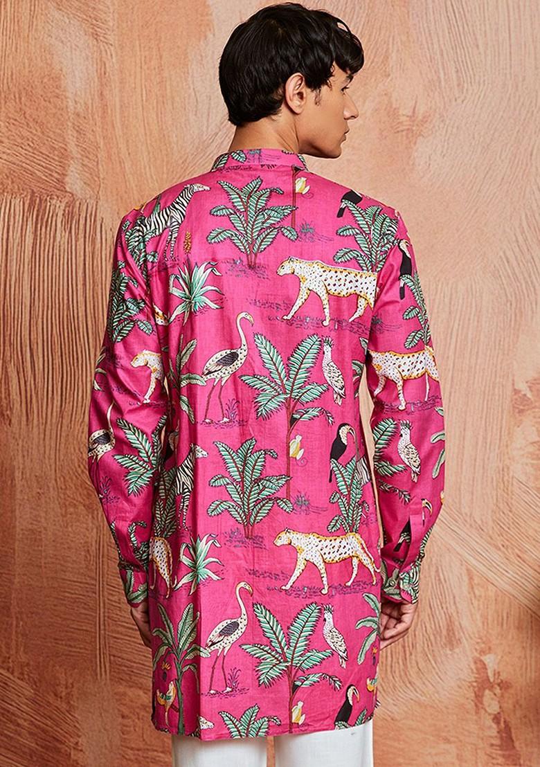 Pink Floral Print Cotton Kurta For Men