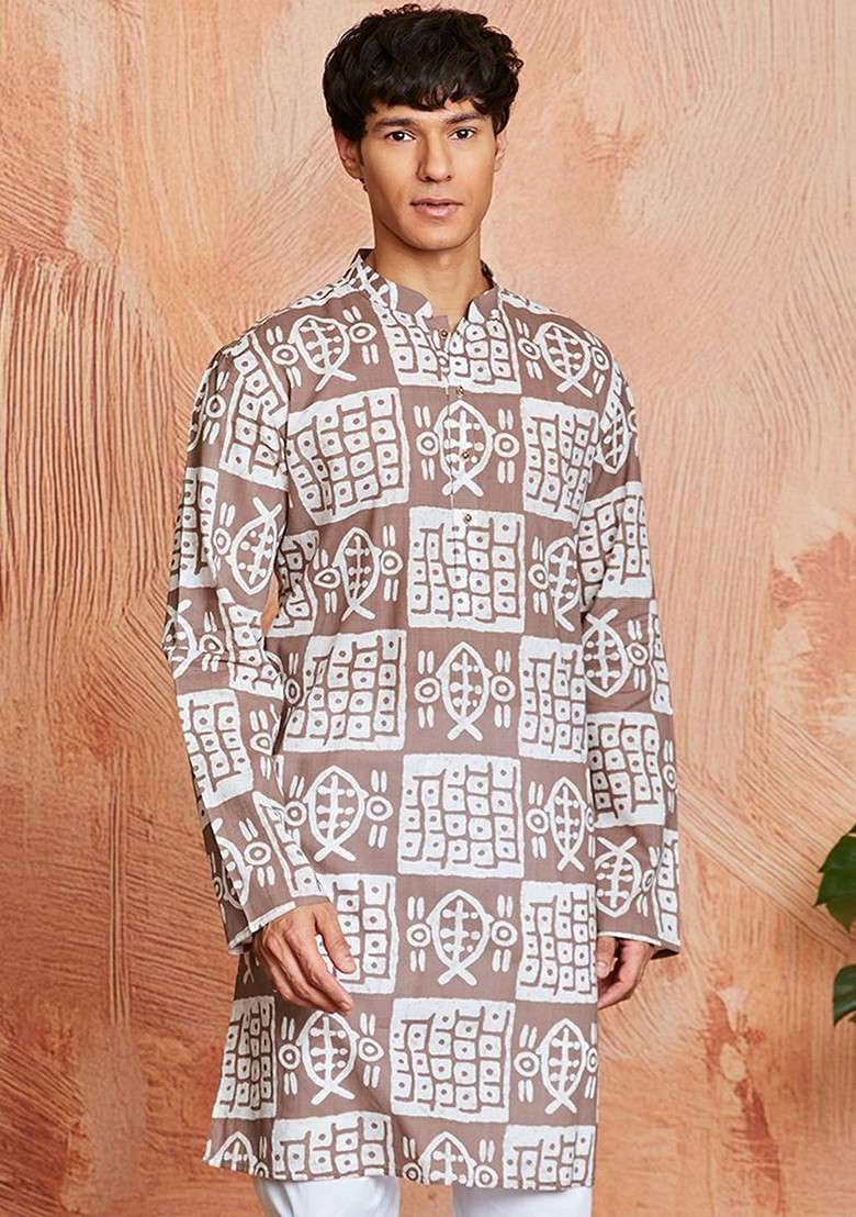 Brown Abstract Print Cotton Kurta For Men - Indya