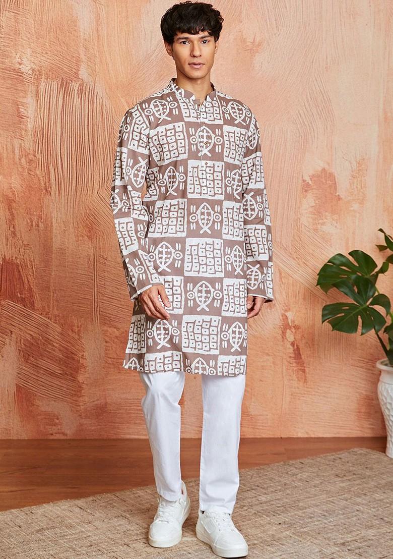 Brown Abstract Print Cotton Kurta For Men