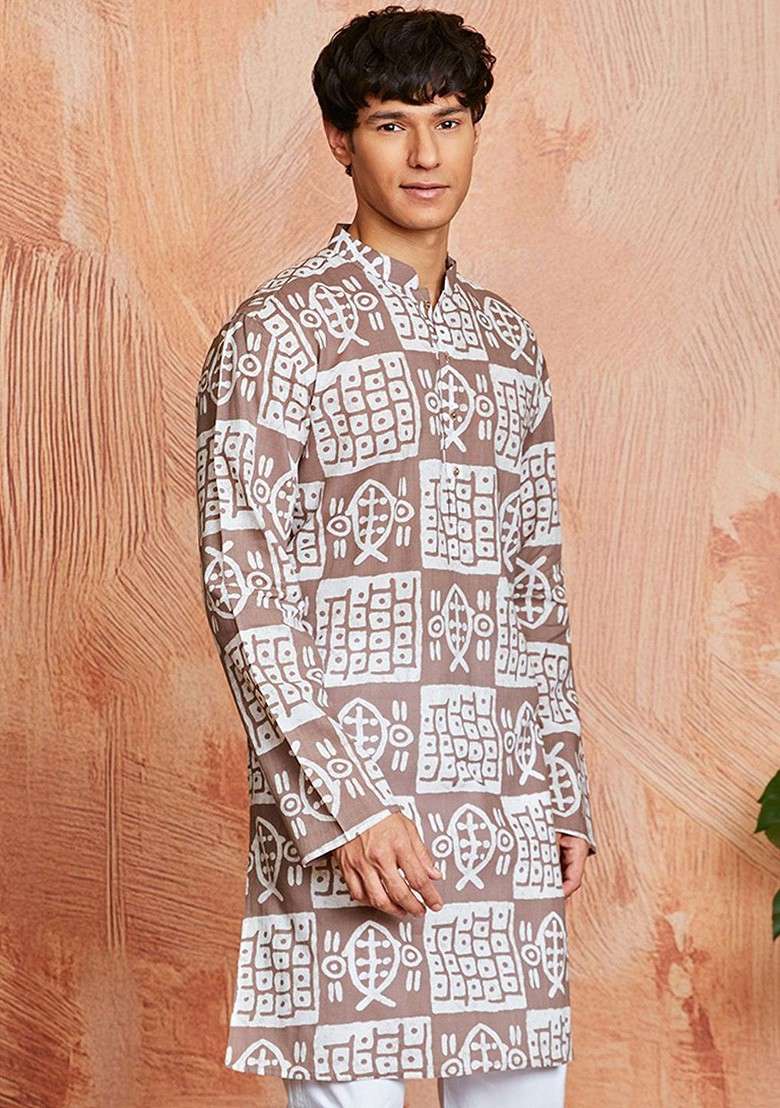 Brown Abstract Print Cotton Kurta For Men - Indya