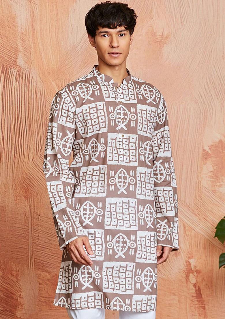 Brown Abstract Print Cotton Kurta For Men