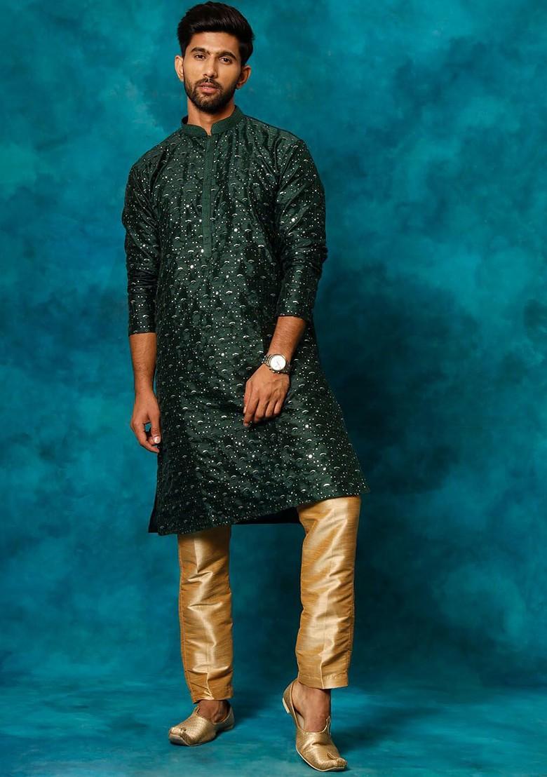 Green Embellished Poly Blend Kurta For Men