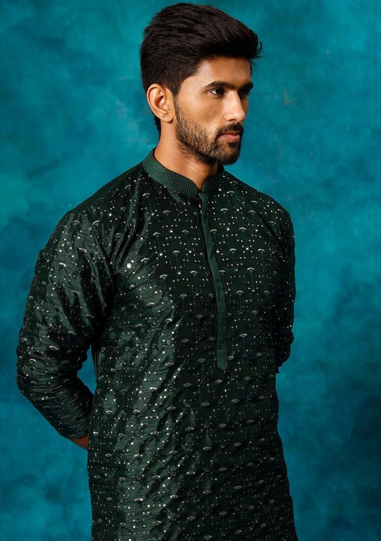 Green Embellished Poly Blend Kurta For Men