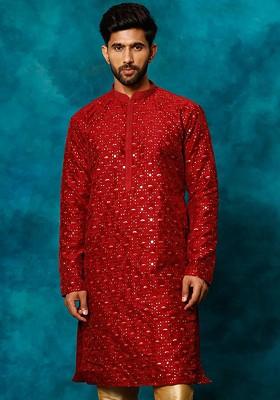 Maroon Embellished Poly Blend Kurta For Men