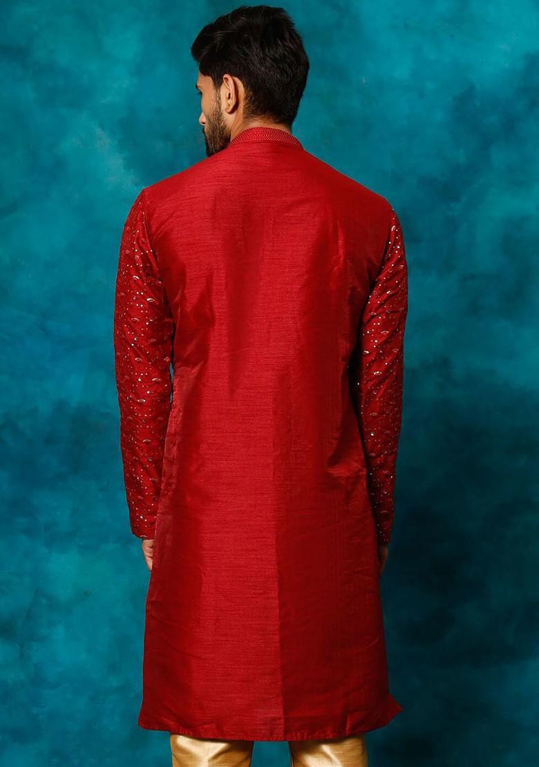 Maroon Embellished Poly Blend Kurta For Men