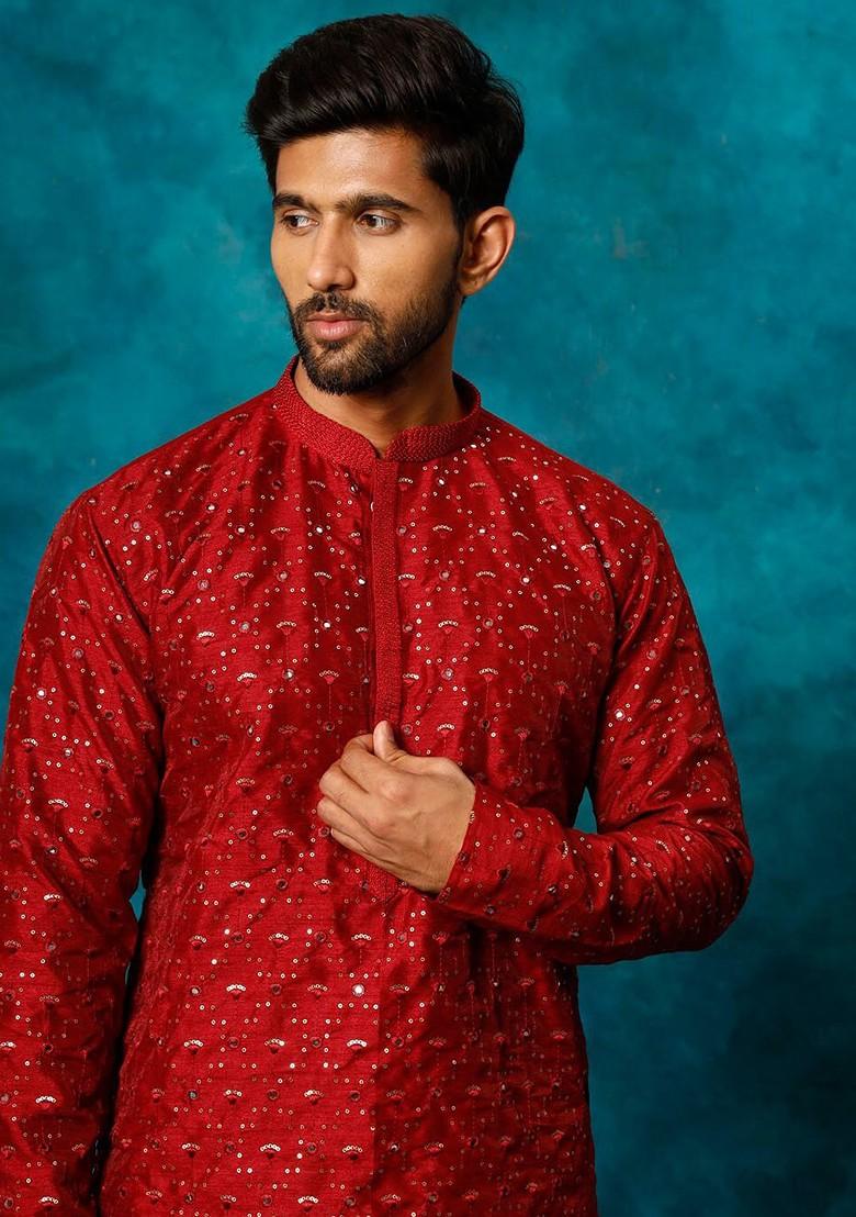 Maroon Embellished Poly Blend Kurta For Men