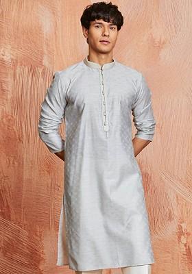 Grey Embroidered Jacquard Kurta For Men