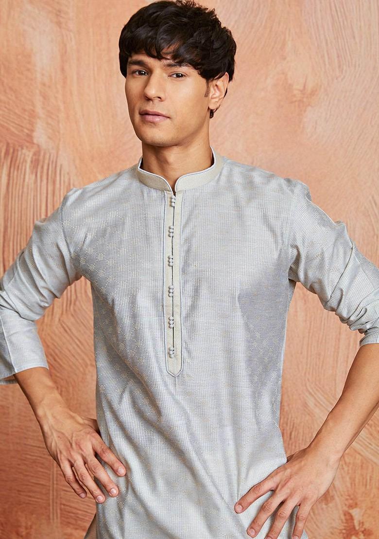 Grey Embroidered Jacquard Kurta For Men