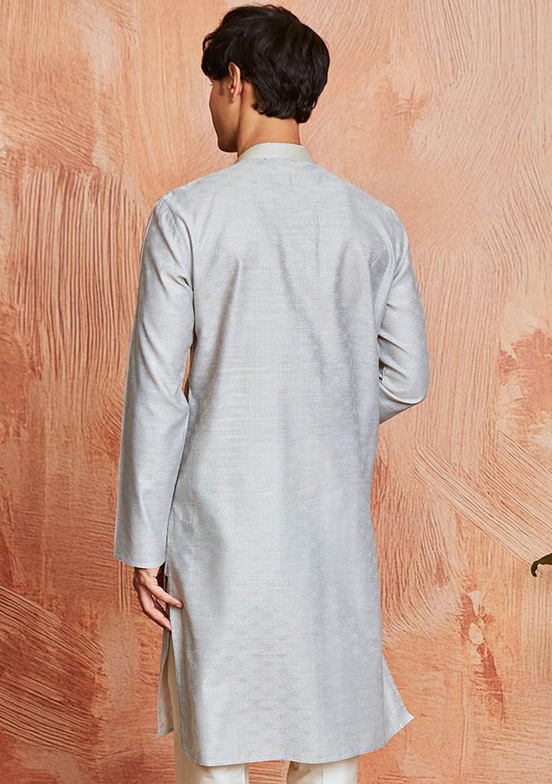 Grey Embroidered Jacquard Kurta For Men