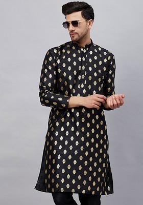 Black Ethnic Motifs Poly Blend Kurta For Men