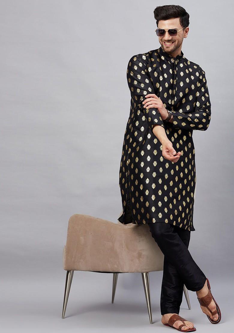 Black Ethnic Motifs Poly Blend Kurta For Men