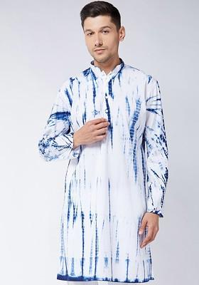 Blue Tie And Dye Poly Blend Kurta For Men