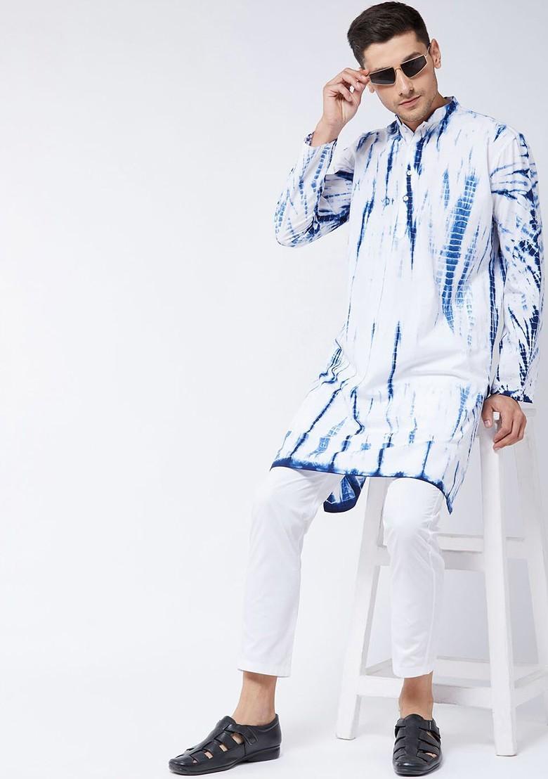 Blue Tie And Dye Poly Blend Kurta For Men