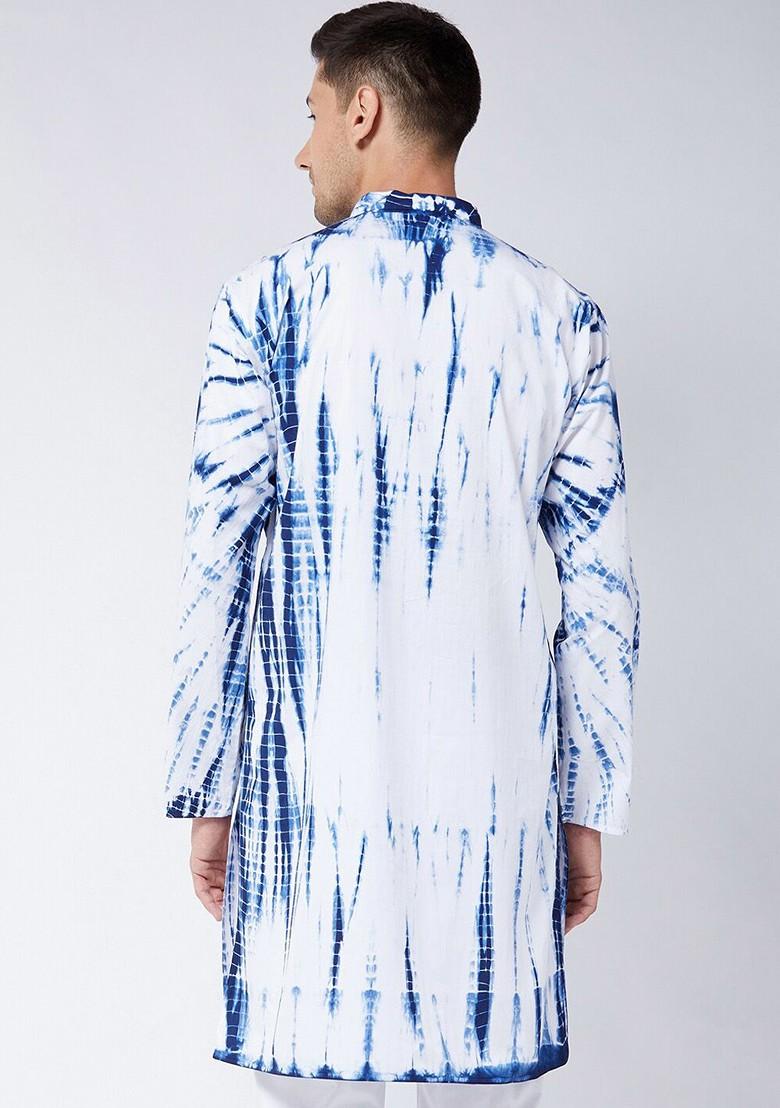 Blue Tie And Dye Poly Blend Kurta For Men